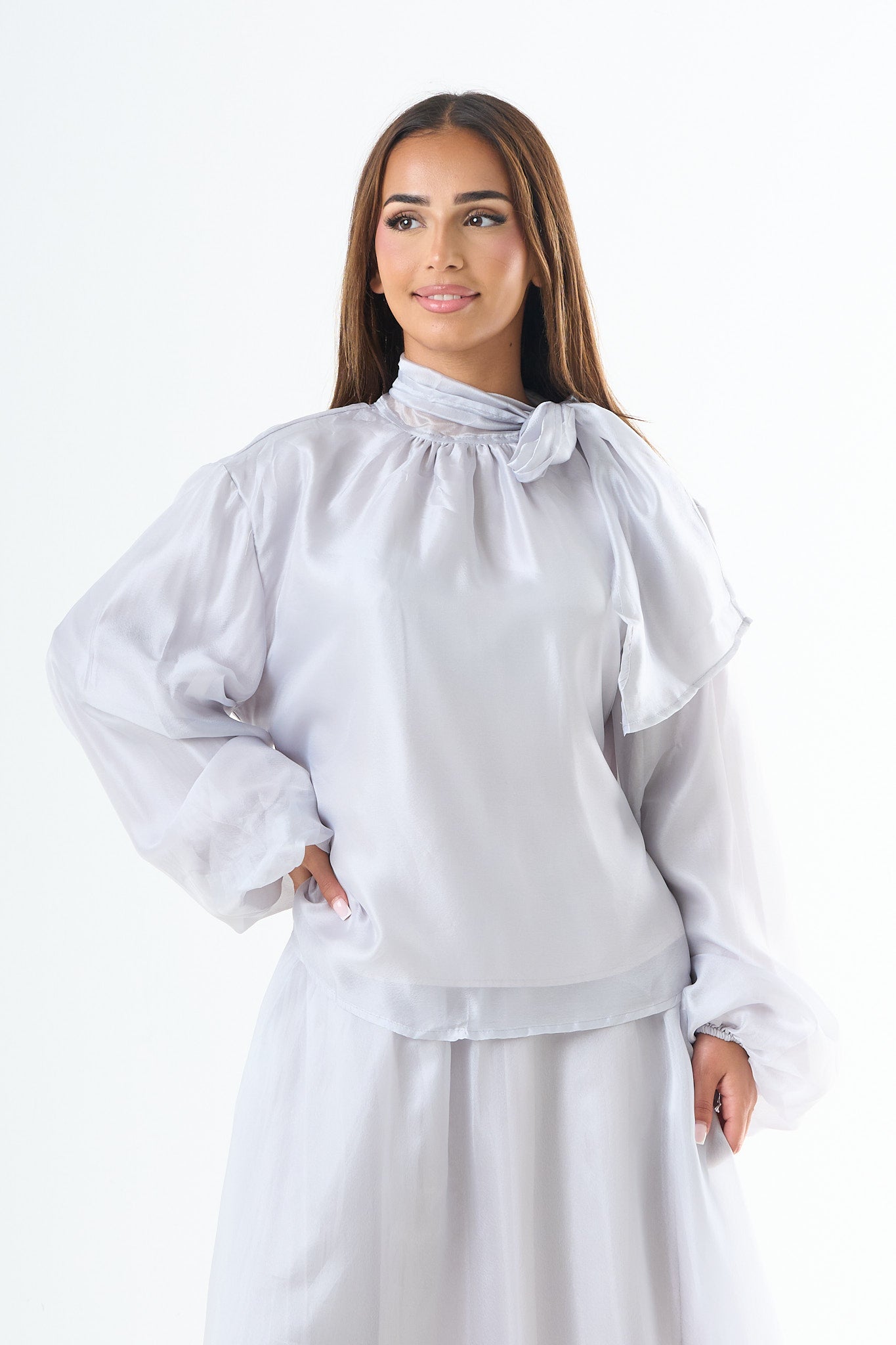 Glossy tie-back blouse - Blue-6