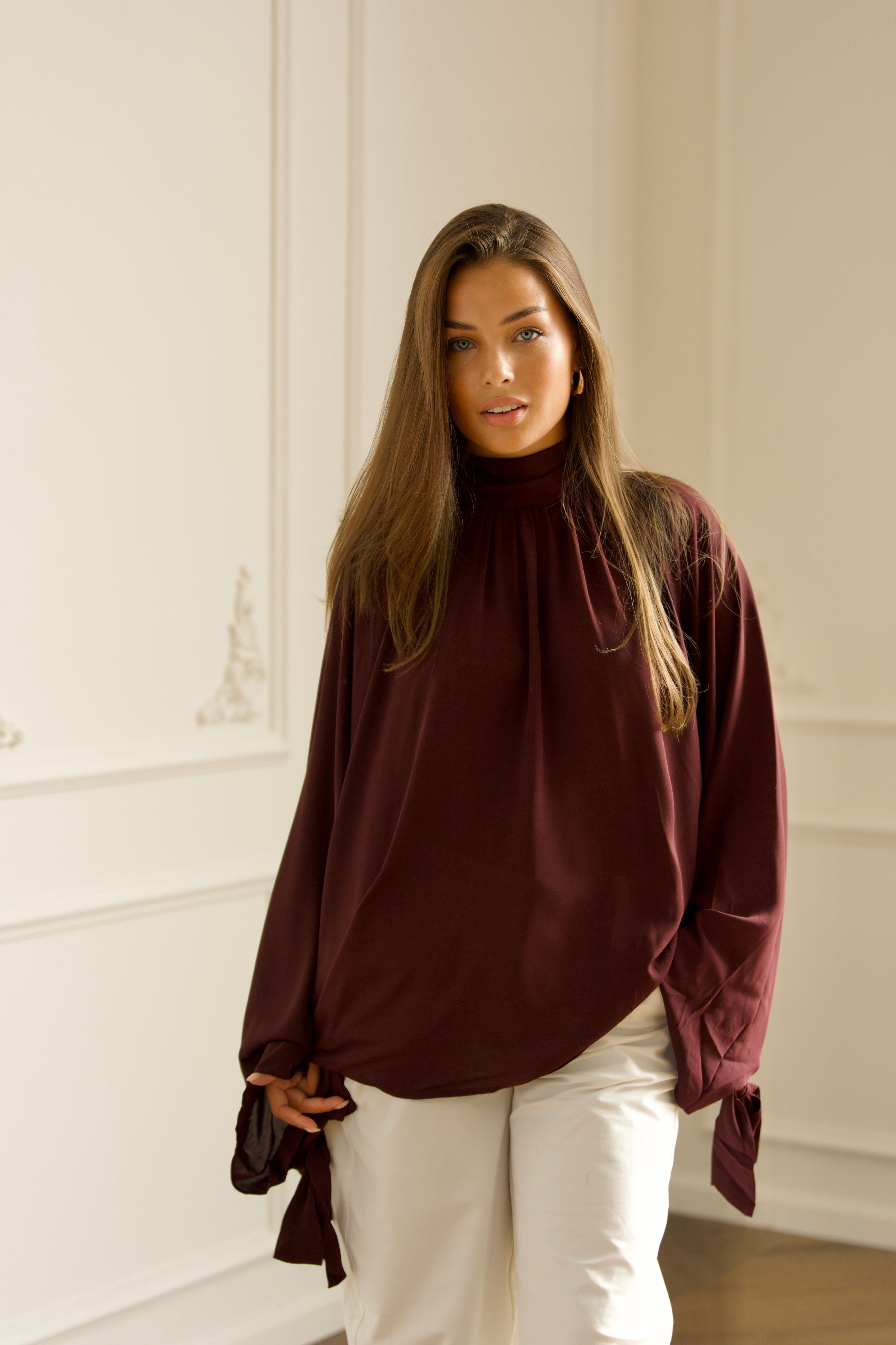 Oversized Tie Blouse - Bordeaux-4