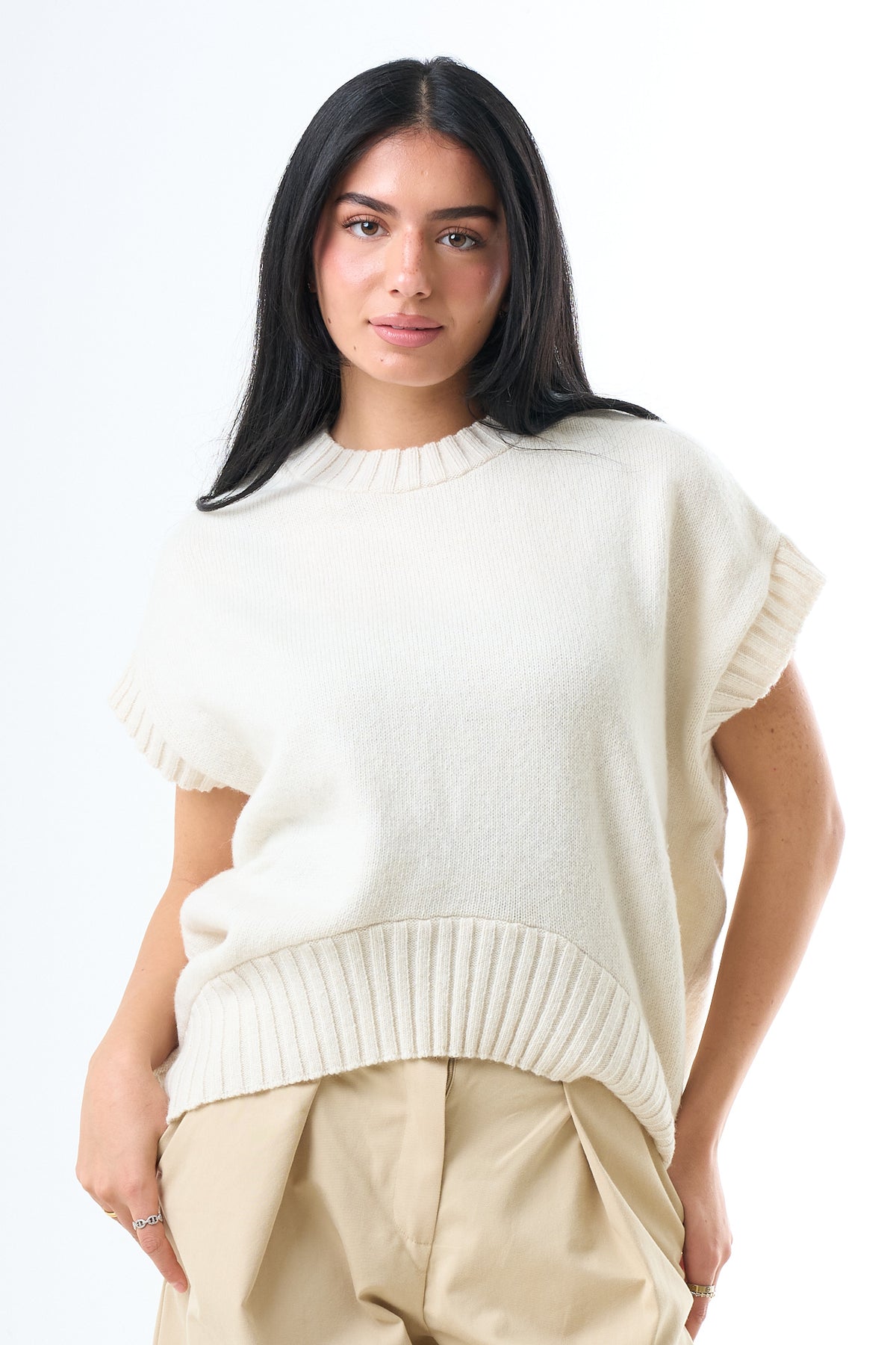 Short Sleeve Knit Sweater - White-2