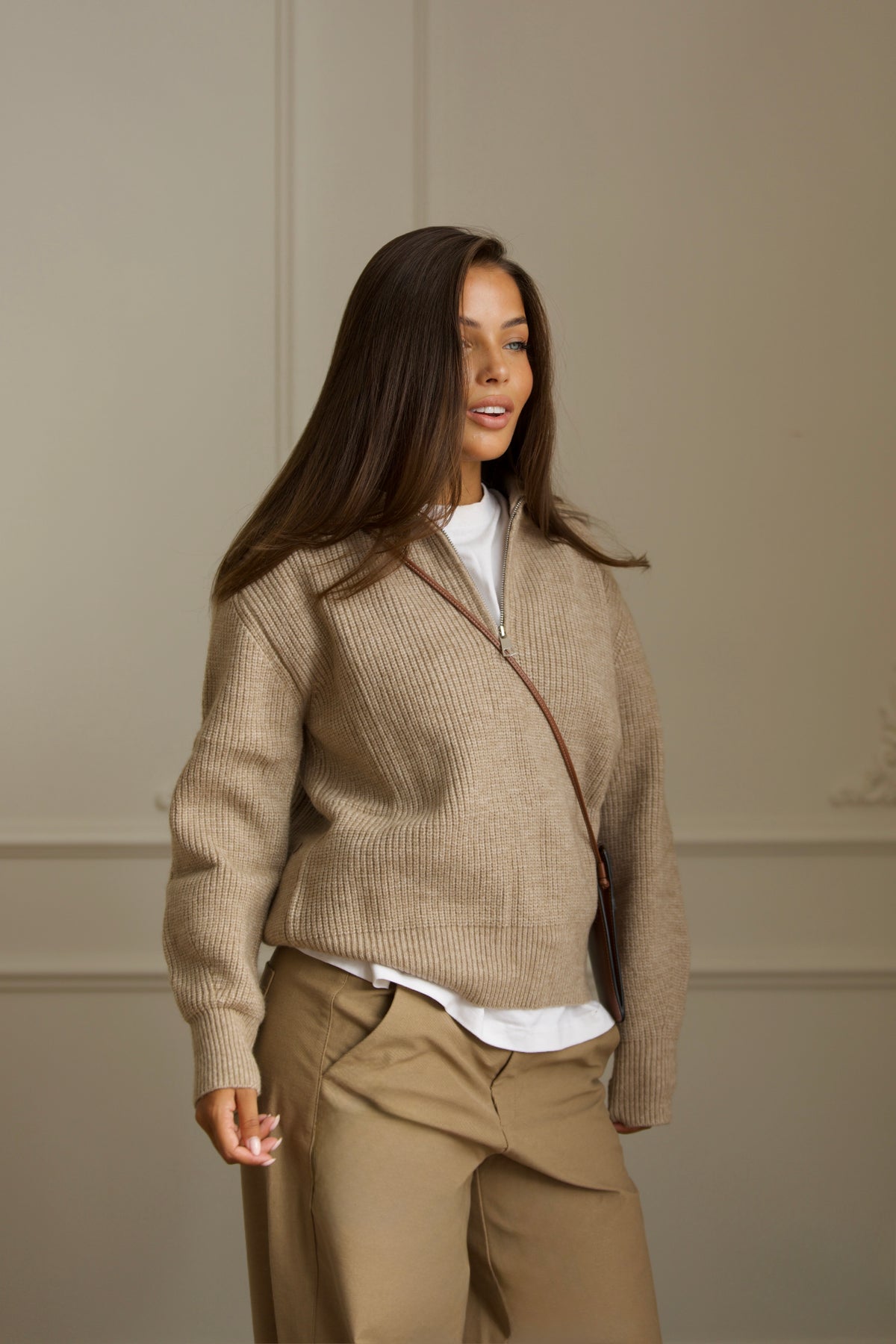 Zip Knit Sweater - Beige-5