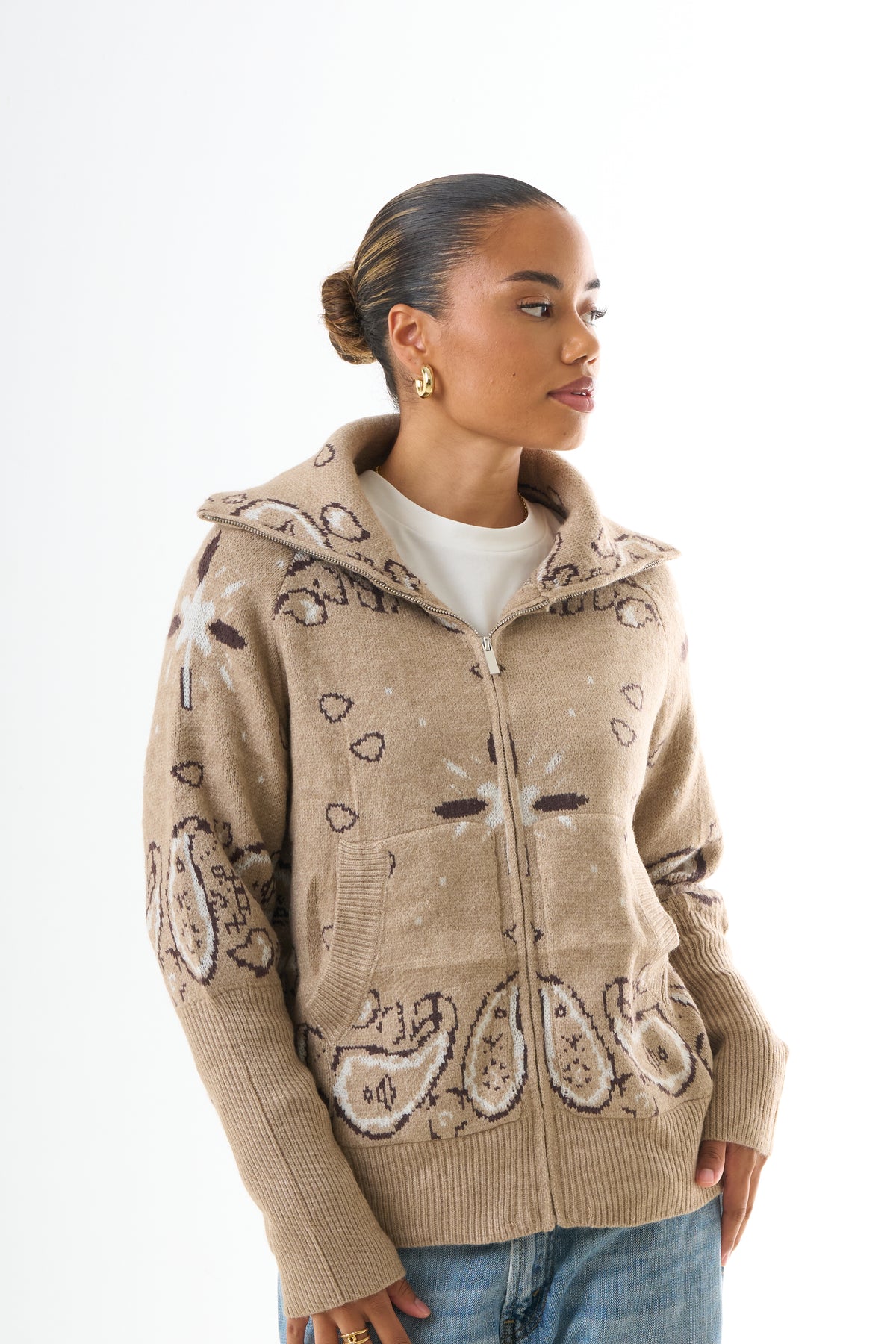 Zipped Bandana Cardigan - Beige