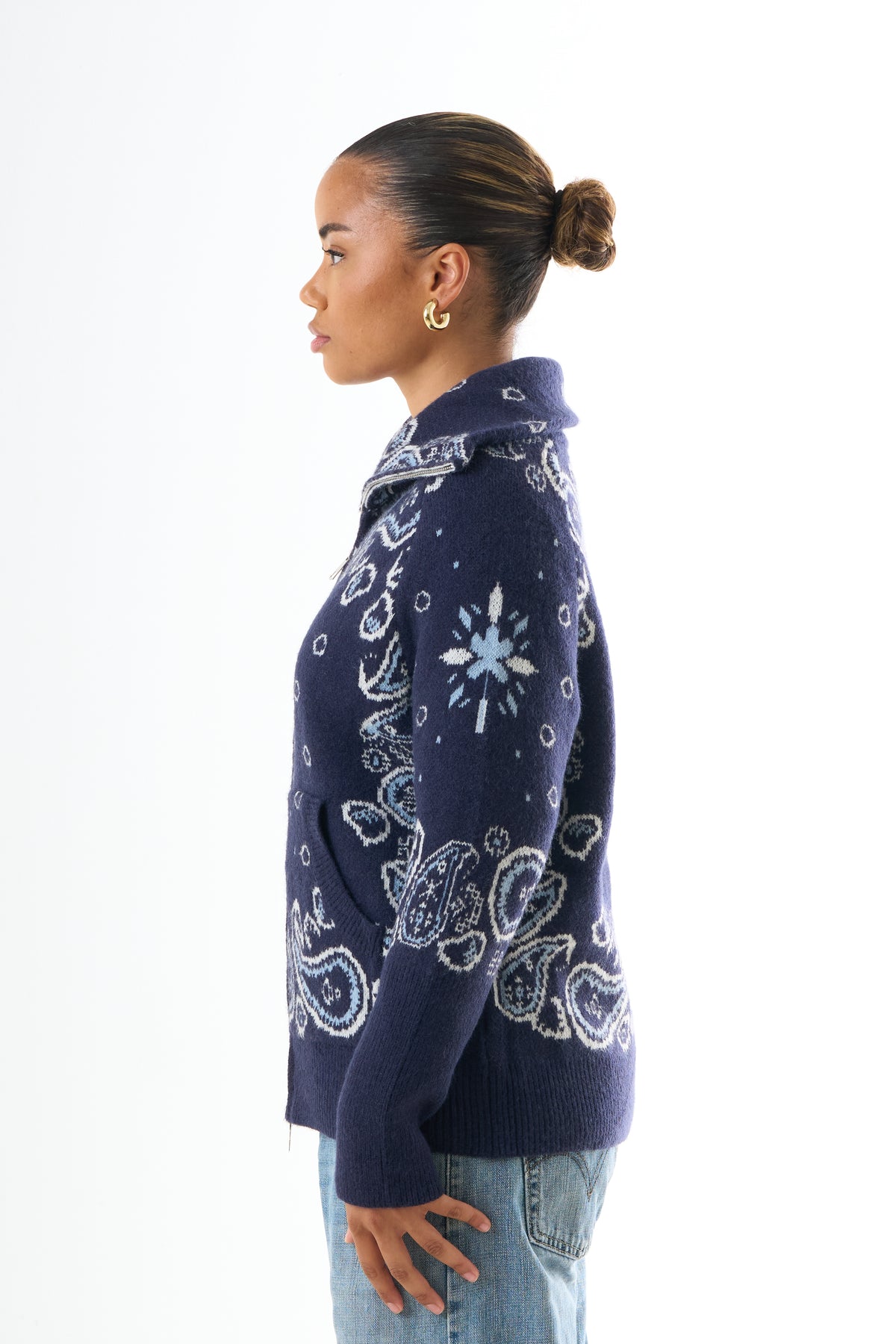 Zipped Bandana Cardigan - Blue-3
