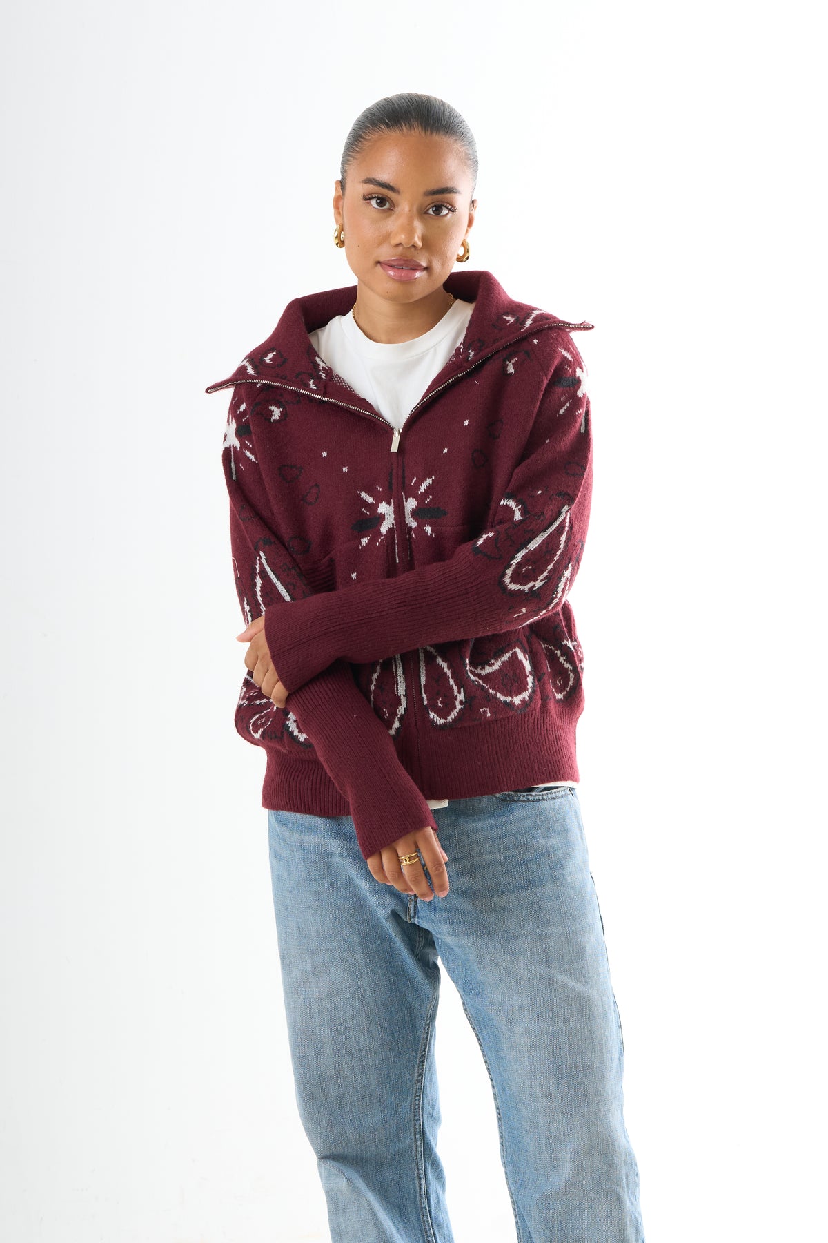 Zipped Bandana Cardigan - Bordeaux-3