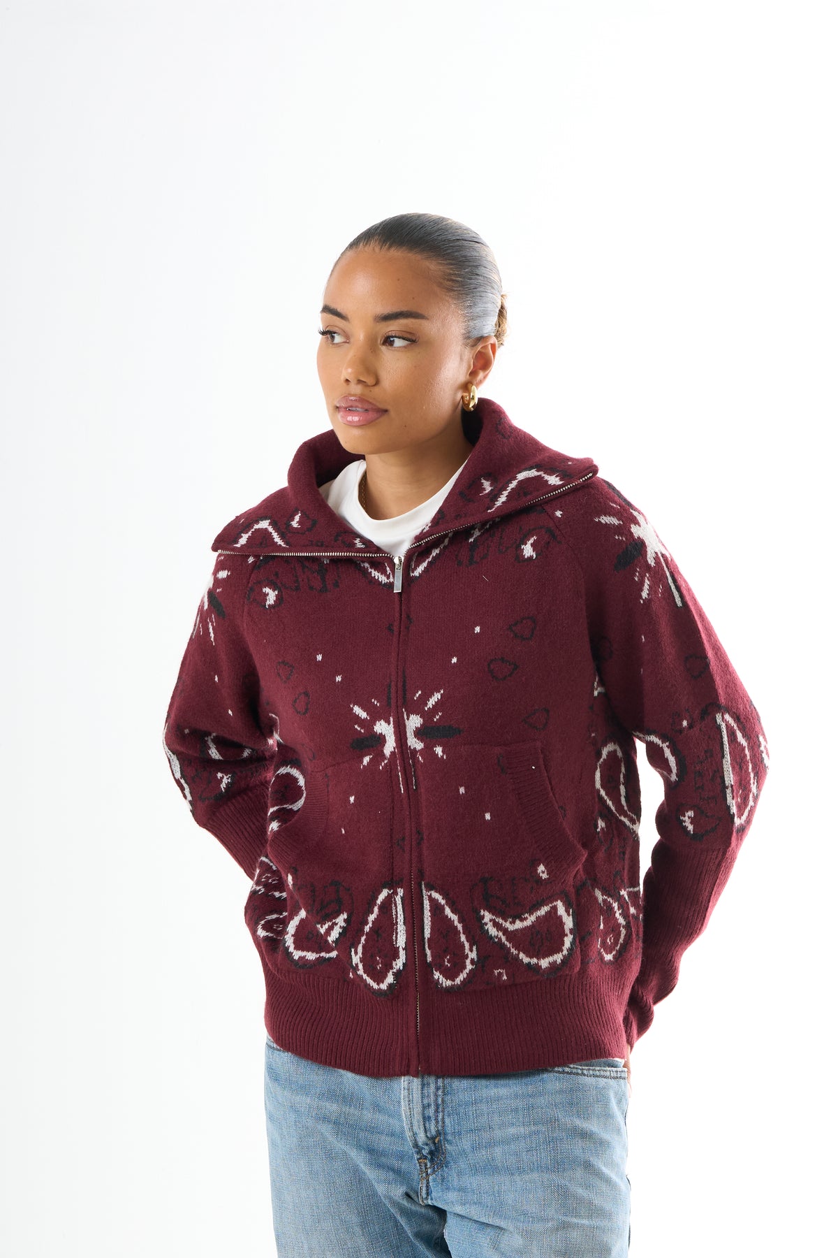 Zipped Bandana Cardigan - Bordeaux