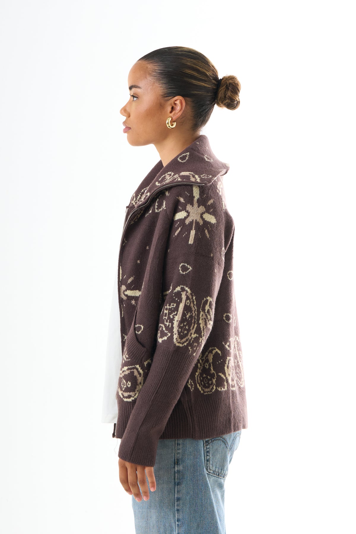 Zipped Bandana Cardigan - Brown-5