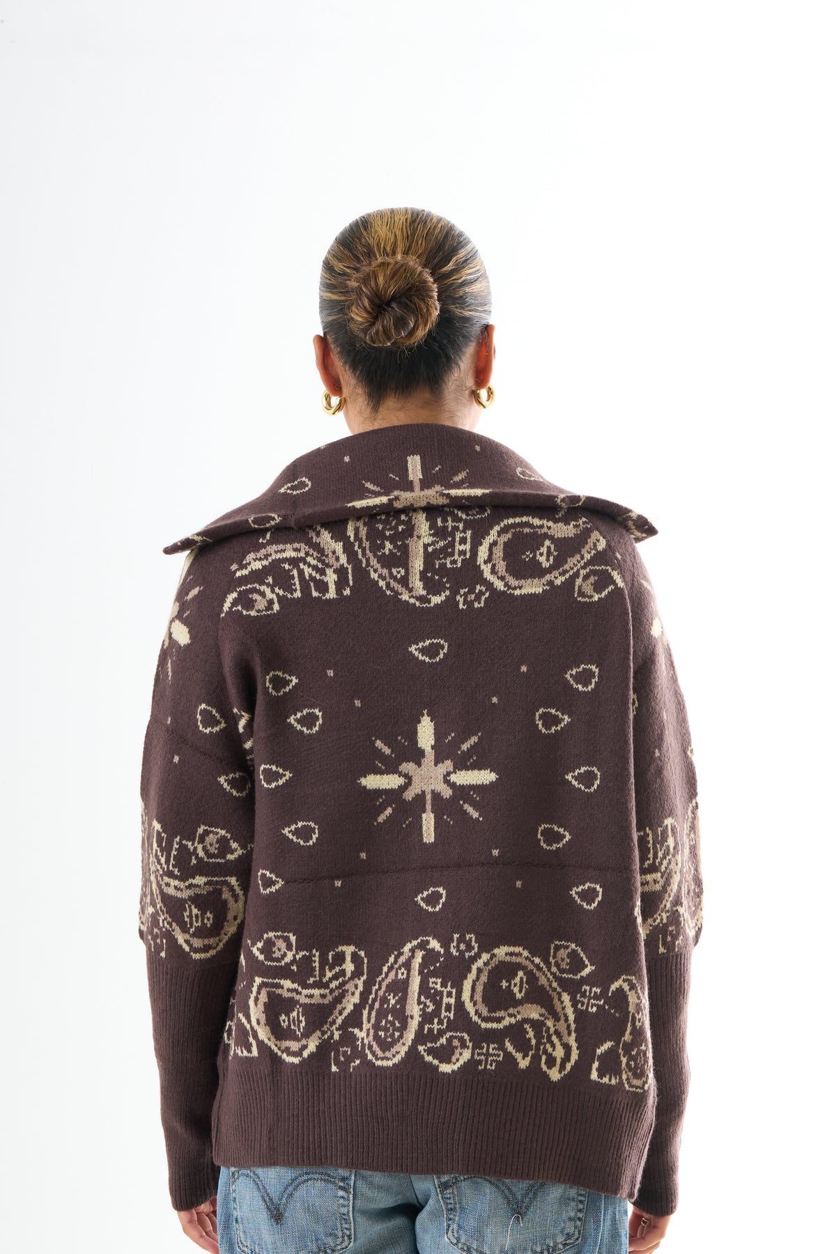 Zipped Bandana Cardigan - Brown-3
