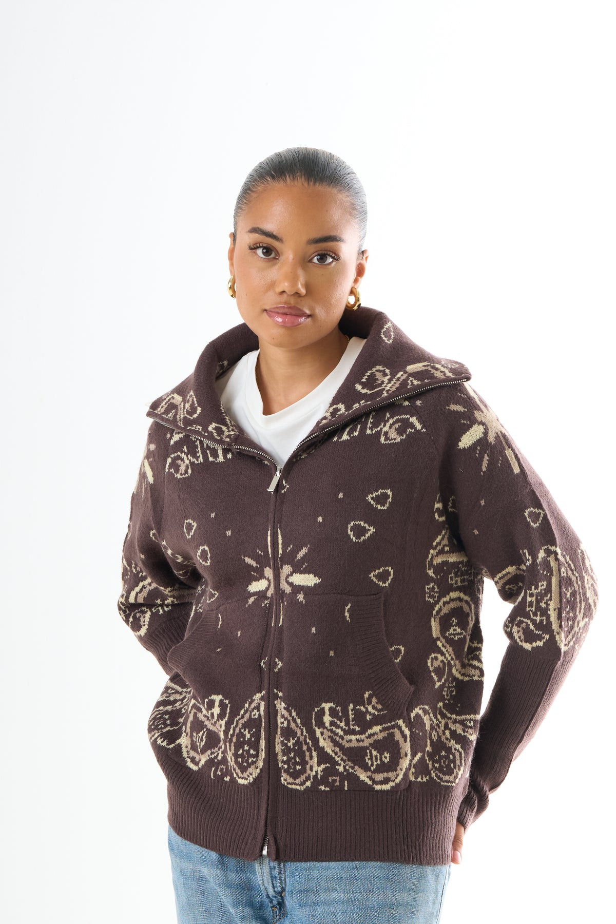 Zipped Bandana Cardigan - Brown