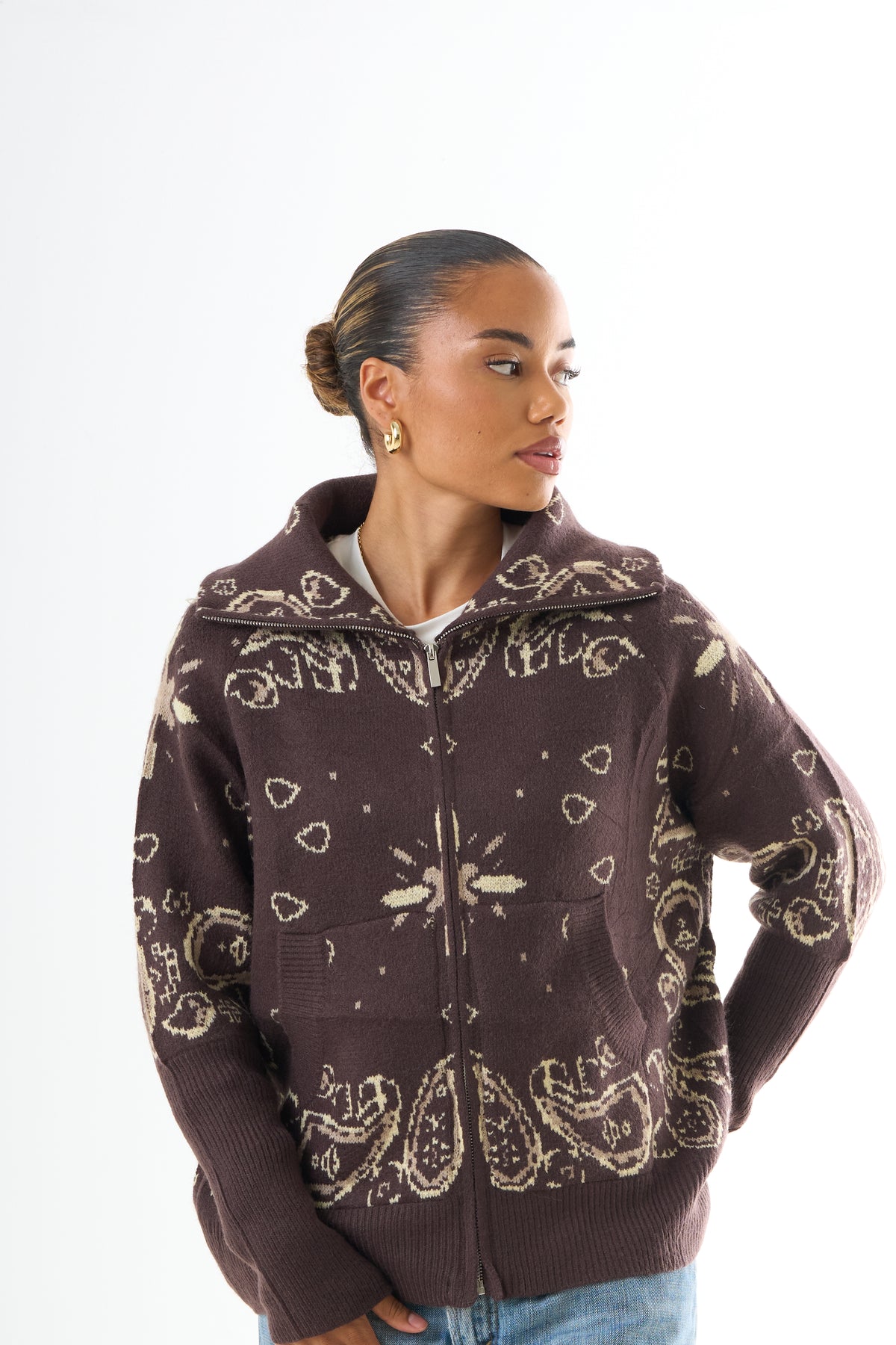 Zipped Bandana Cardigan - Brown